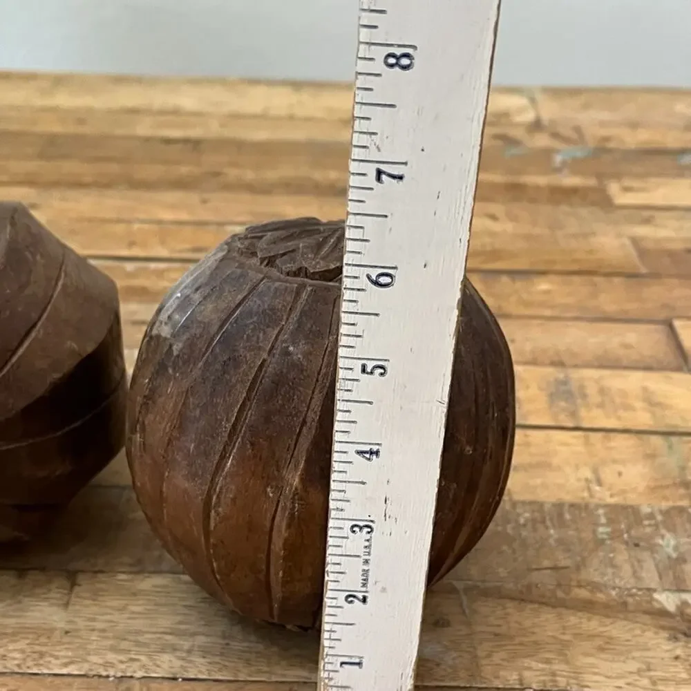 Pair of 2 Wood Carpet Ball Orb Sphere Folk Art Decor Hand Carved Vintage